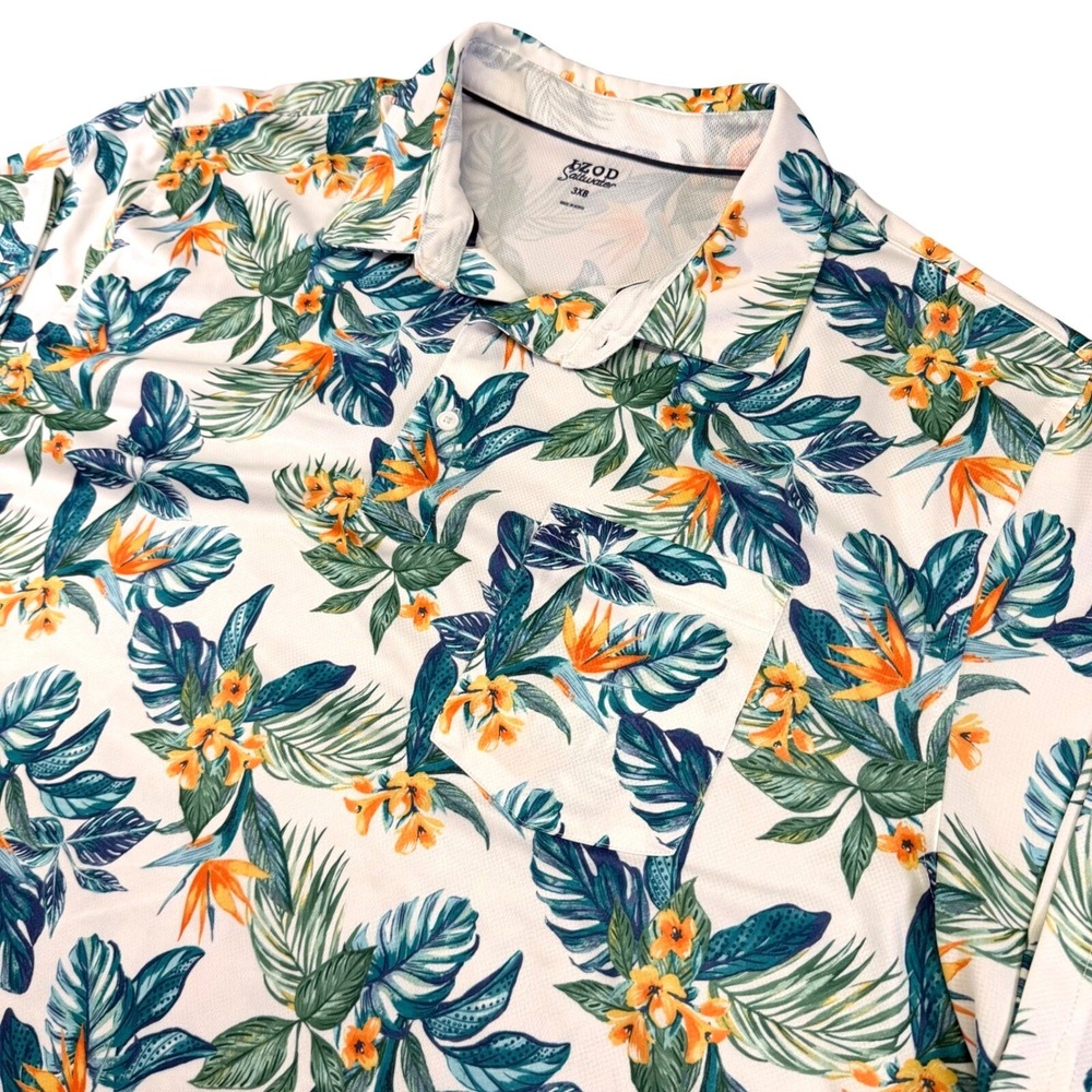 IZOD Saltwater Polo Shirt Mens 3XB Tropical Floral Bird of Paradise Hawaiian